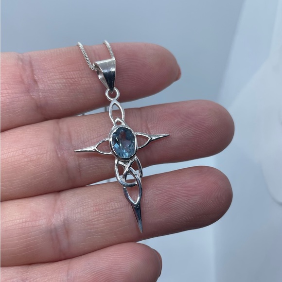 Sterling Silver Celtic Cross Blue Topaz Necklace - Picture 4 of 6